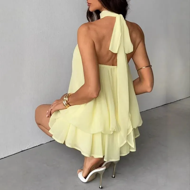 Sexy Women Chiffon Sleeveless Halter Backless Dress Lady Solid Color Tie Waist Slim Flared Dress Summer Beach Vacation Outfit — image 2