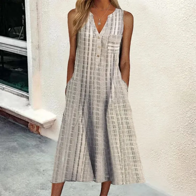 Summer New Women's Dresses V-Neck Sleeveless Button Loose Striped Print With Pocket Casual Beach Dresses — image 7