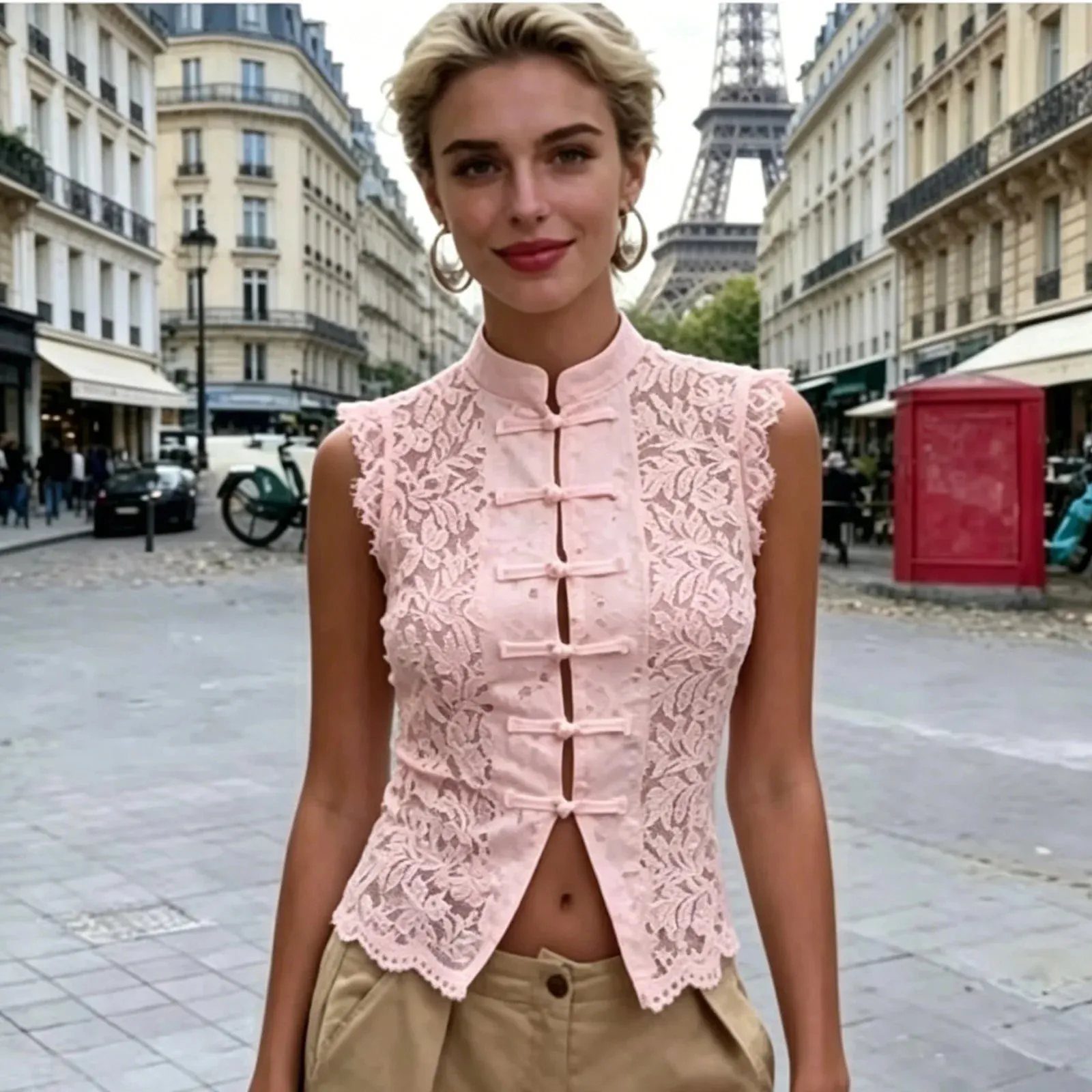 Y2K Aesthetic Solid Color Lace Crop Top Sleeveless Chinese Frog Button Vest Women's Summer Party Streetwear — image 11