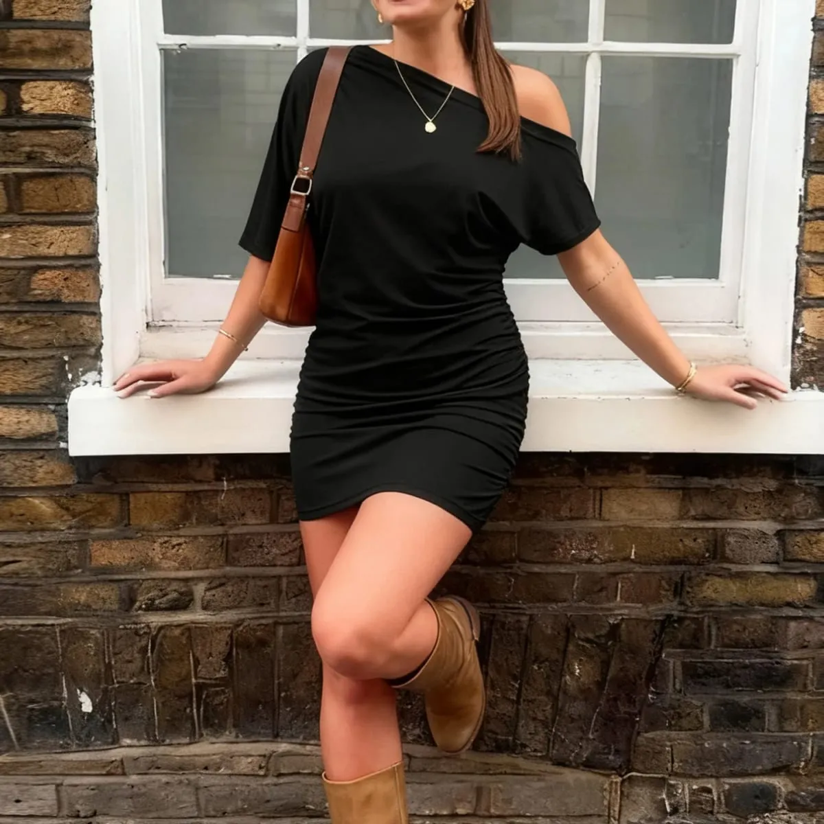 Bat Sleeve Wrap Dress Women One-Shoulder Solid Backless Bodycon Dress Evening Party Club Dress Y2K Sexy Outfits Summer — image 4