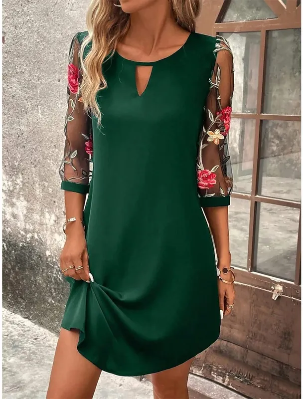 2026 Women's Summer Dresses Trendy Lace Splice Embroidery Mesh Mini Dress Three Quarter Sleeve Round Neck Casual Dress for Women — image 5