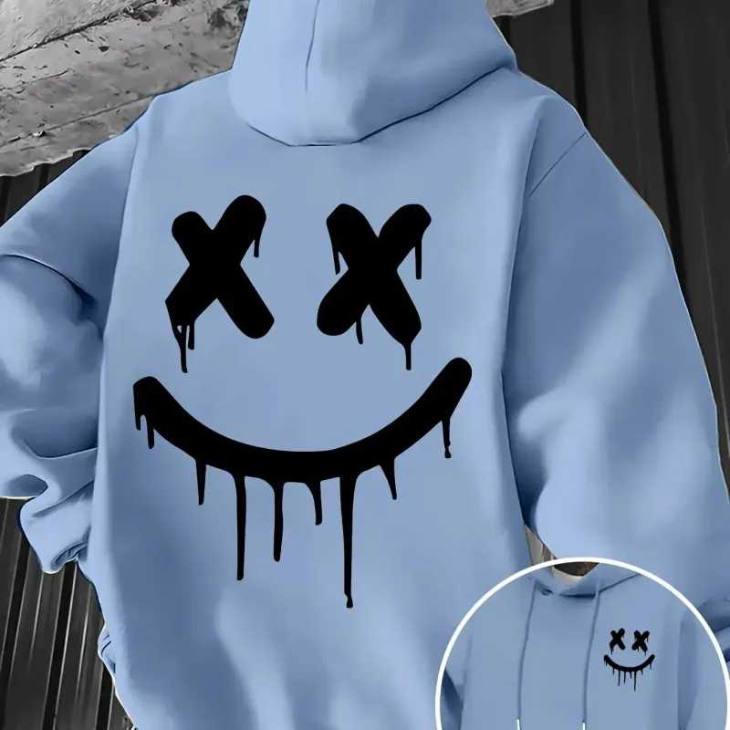 Smiley face print men's and women's autumn winter trendy printed hooded fleece sweatshirt front back casual hoodie — image 8