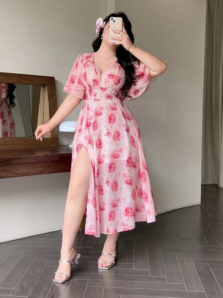 Plus-Size Spring/Summer Romantic Print Fitted Ruffled-Sleeve Slit Maxi Dress—Sweet Everyday Style Perfect for Dates — image 5