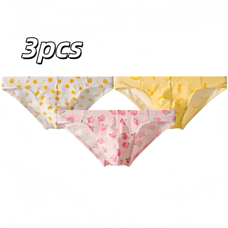 Pacote de três cuecas masculinas fofas e personalizadas de algodão com estampa de frutas, confortáveis e adequadas para a pele, roupas íntimas casuais respiráveis de cintura baixa para homens jovens