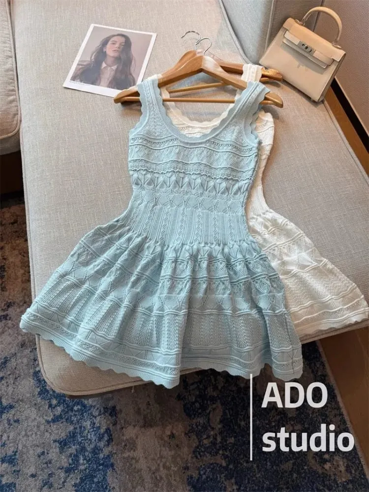 Korobov vestido linha a doce cor sólida com babados vestido colete de malha para mulheres verão estilo francês saia curta vazada — image 4