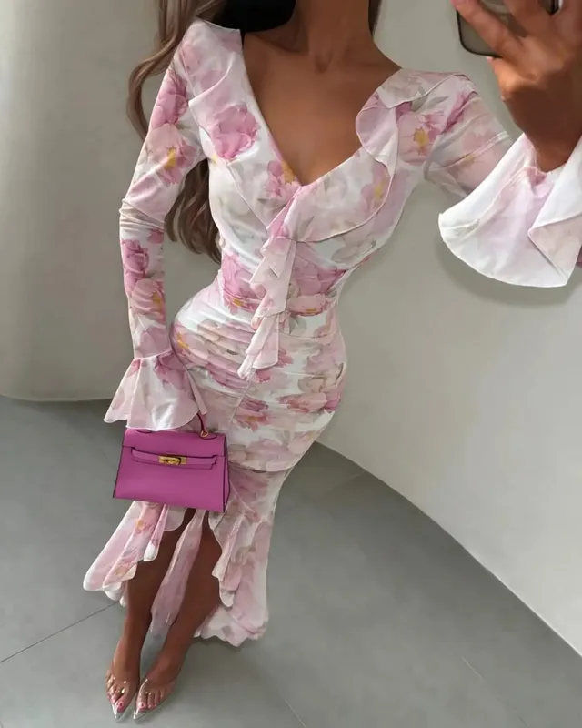 Women Pink Floral Print Maxi Dress Elegant V Neck Ruffle Trim Flare Sleeve Ruched High Chiffon Dresses 2026 Lady Party Vestido