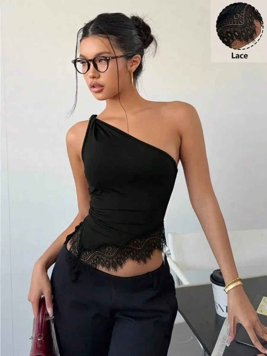 Women Black Lace Patchwork Twist Knot One Shoulder Top Summer Casual Y2K Street Style Backless Ruched Slim fit Crop Top