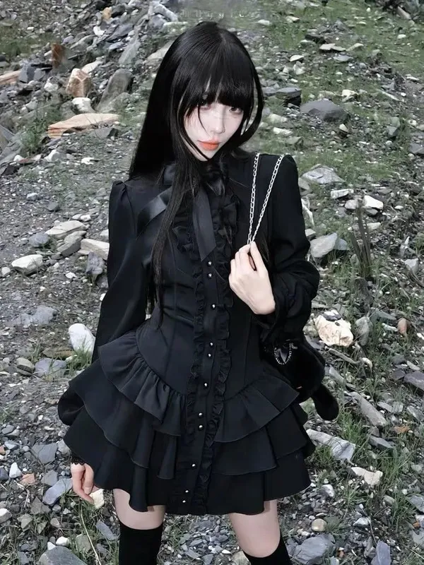 Gothic Vintage Spets Y2k Mini Klänning Dam Design Streetwear Svart Lolita Slim Klänning Långärmad Elegant Klänning Spicy Girls