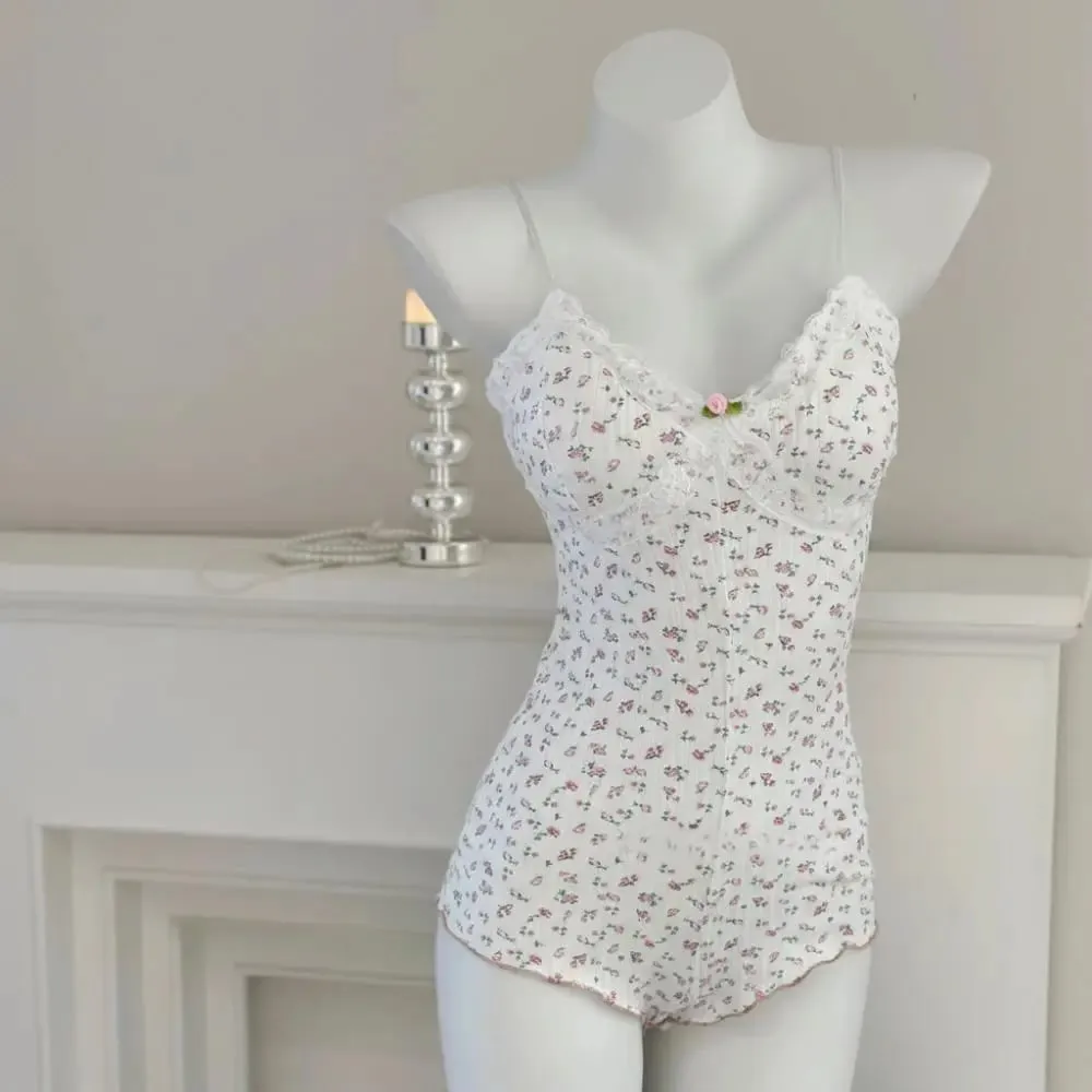 Fashion Lace Trim Women's Dress Slim Fit Sleeveless Camisole Dress Comfortable Floral Print One-piece Jumpsuit Summer — image 2