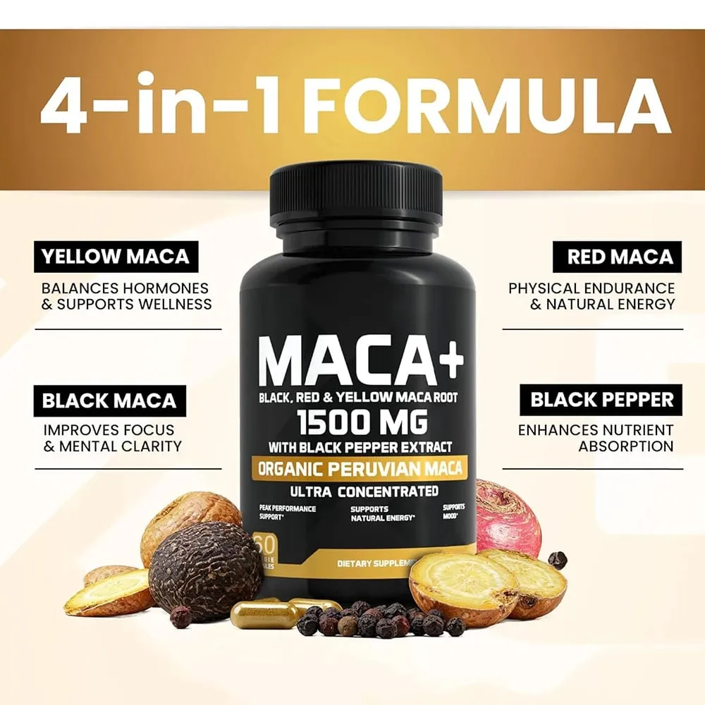 1500mg Organic Maca Root Black Red & Yellow - 60 Capsules - Black Maca Root Capsules for Men Supplement - Non-GMO Gluten-Free — image 4