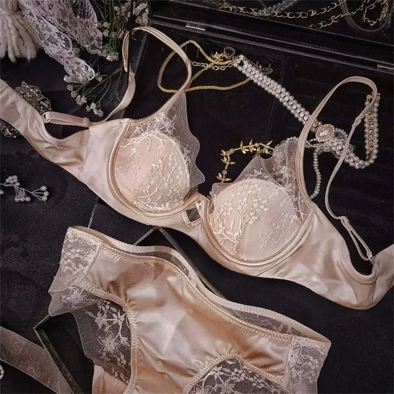 French-style na Lace at Satin Lingerie Set Magtipon ng Adjustable Straps Bra at Thin Padding Soft Wire ComfortMuslim Girls Underwear — image 4