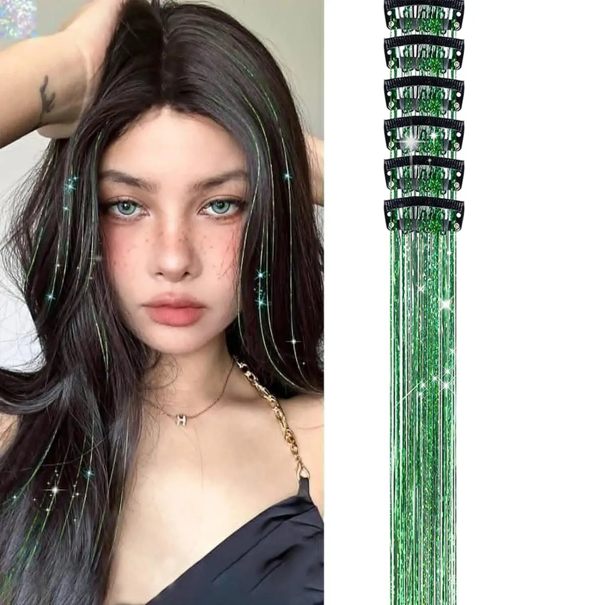 Hair Tinsel Pack of 6 Pcs Hair Tinsel Clip in Glitter Tinsel Hair Extensions Synthetic Hair Tinsel Kit Party Festival Fairy Hair — image 11