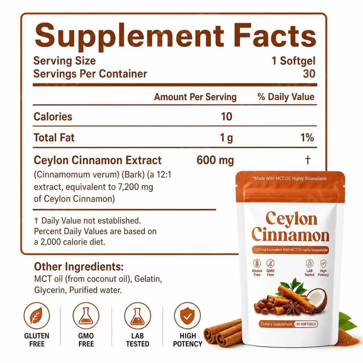 Ceylon Cinnamon Extract Softgels with MCT Oil Antioxidant Support and Metabolism Support Highly Bioavailable 30 Softgels — image 2