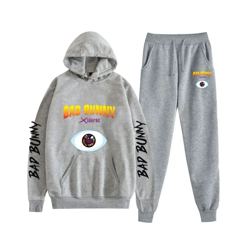 Harajuku Bekväm bad bunny Tryck Sweatshirt Träningsbyxor Kostym Dam Luvtröjor+ Byxor Kostym Pojkar/Flickor 2-delat set Kläder — image 16