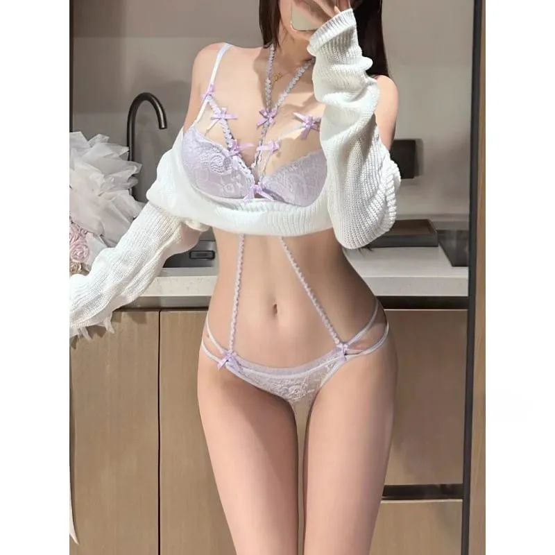 Aesthetic Purple Bow Necklace & Bra Set - Low Saturation Matching Lingerie Push Up Bra & Adjustable Necklace for Women MOYISU