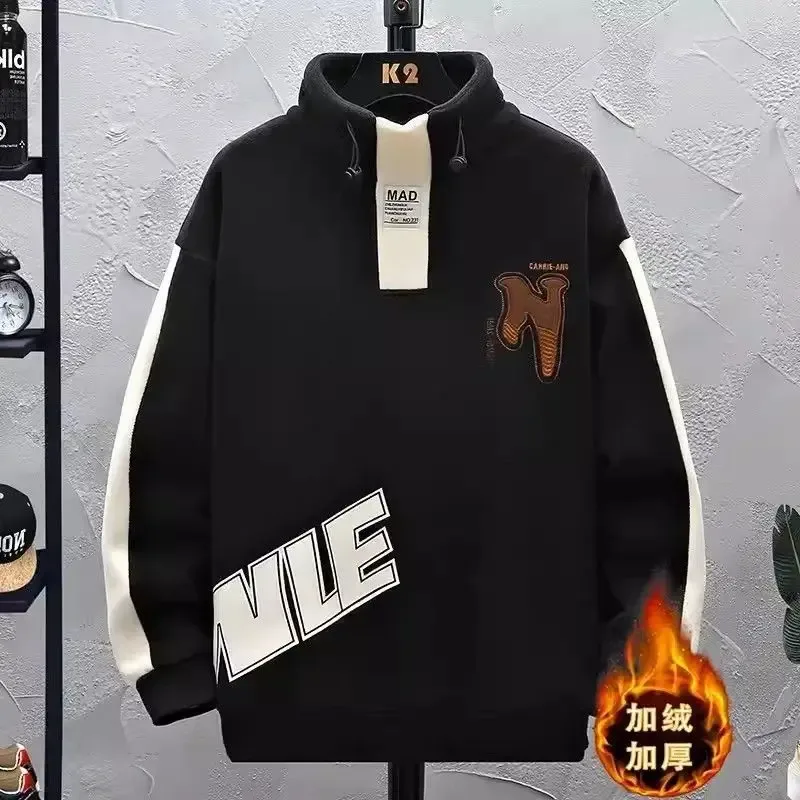 Men Clothing Autumn Winter Contrast Patchwork Thick Casual Hoodies Sweatshirts Long Sleeve Plus Size Fashion Tops Harajuku Trend — image 1