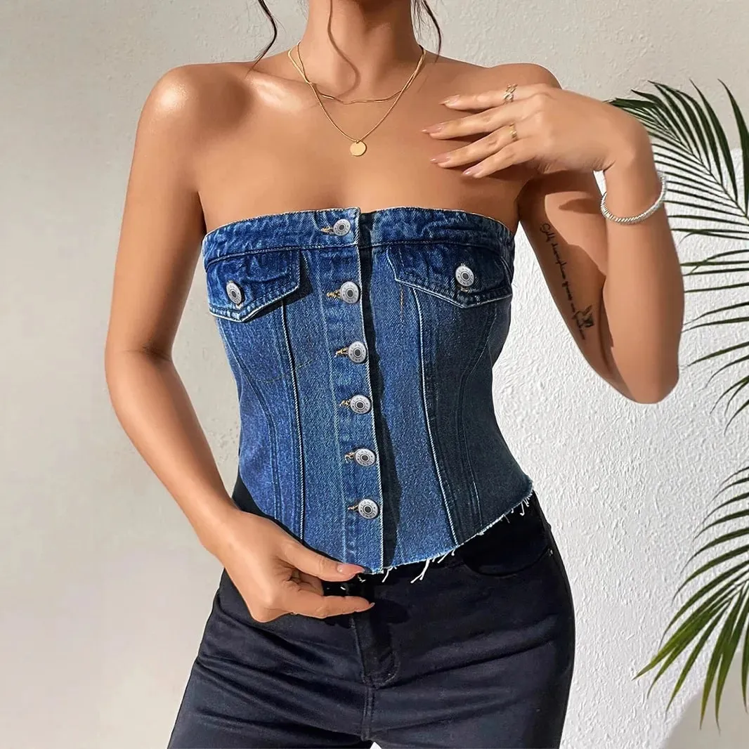 Denim Strapless Top Women Sleeveless Crop Tops Sexy Backless Single Breasted Washed Distressed Streetwear Y2k Camis Tanks Summer — image 2