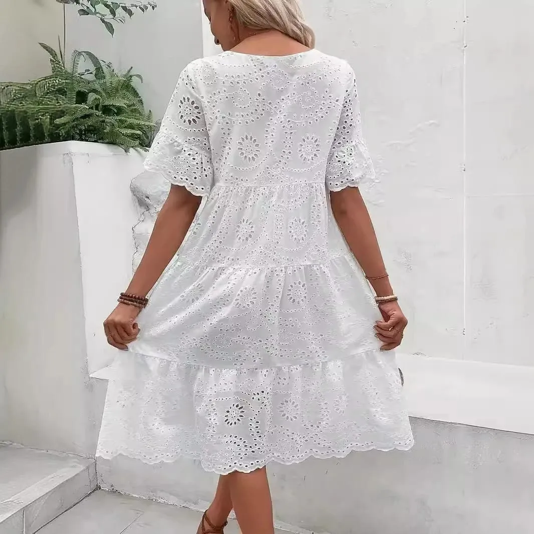 Pambabaeng White Eyelet Embroidery Midi Dress Hollow-out Boho Flowy Ruffle Tiered Dress Casual Short Sleeve Summer Beach Dresses — image 3