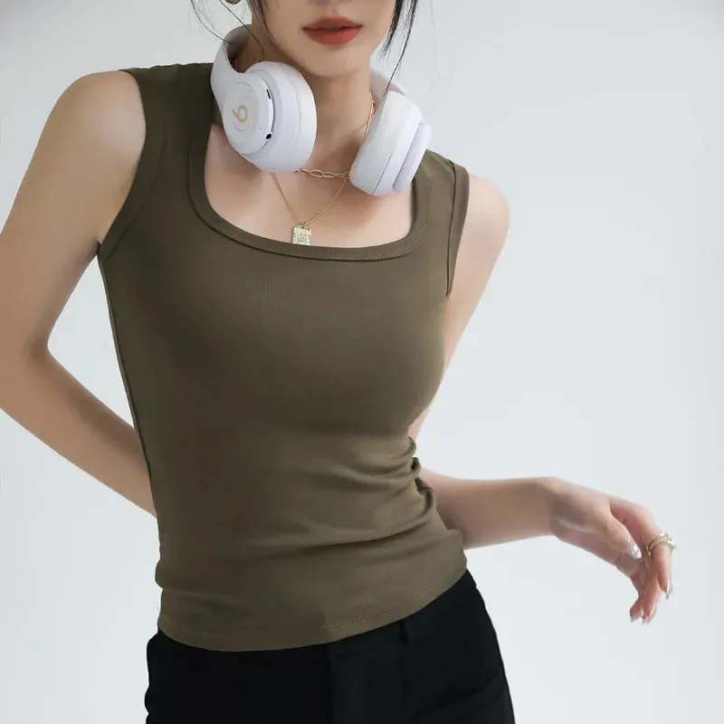 Women's Solid Color Wide Strap U-Neck Sleeveless Tank Top Summer Slim Fit Casual Basic Inner Wear Streetwear Vest — image 12