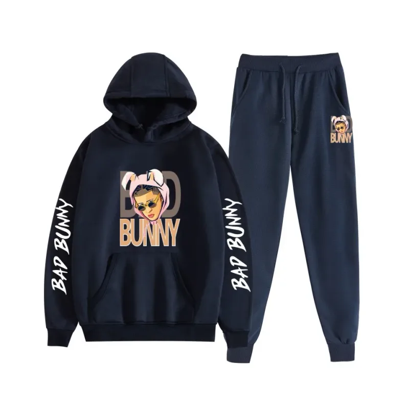 Harajuku Bekväm bad bunny Tryck Sweatshirt Träningsbyxor Kostym Dam Luvtröjor+ Byxor Kostym Pojkar/Flickor 2-delat set Kläder — image 29