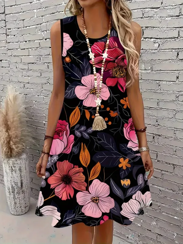 2026 New Elegant Black Floral Dress Women Sleeveless Slim Fit Sundress Stylish Flower Print Office Lady Casual daily Dresses — image 6