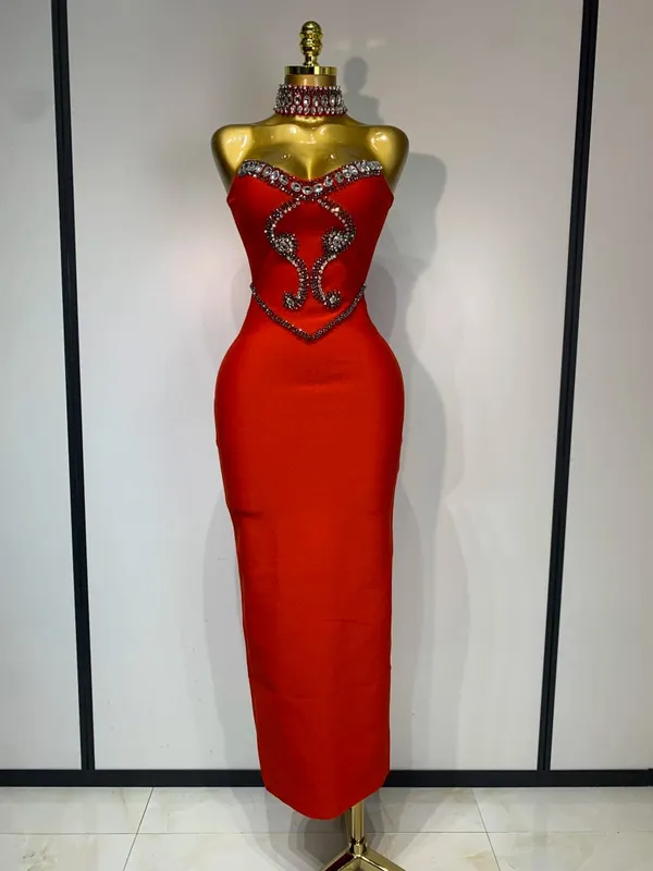 Alta qualidade sem alças miçangas com colar vestido bandagem celebridade elegante festa à noite fantasia clube vestidos de aniversário — image 8