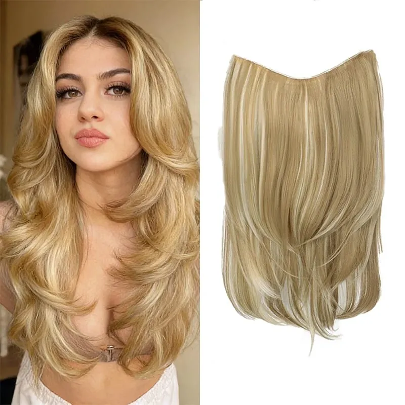 Synthetic Long Straight 22Inch Layered Clip-in Hair Extension V-shaped Black Blonde Invisible Hairpiece for Women Party Girl — image 9