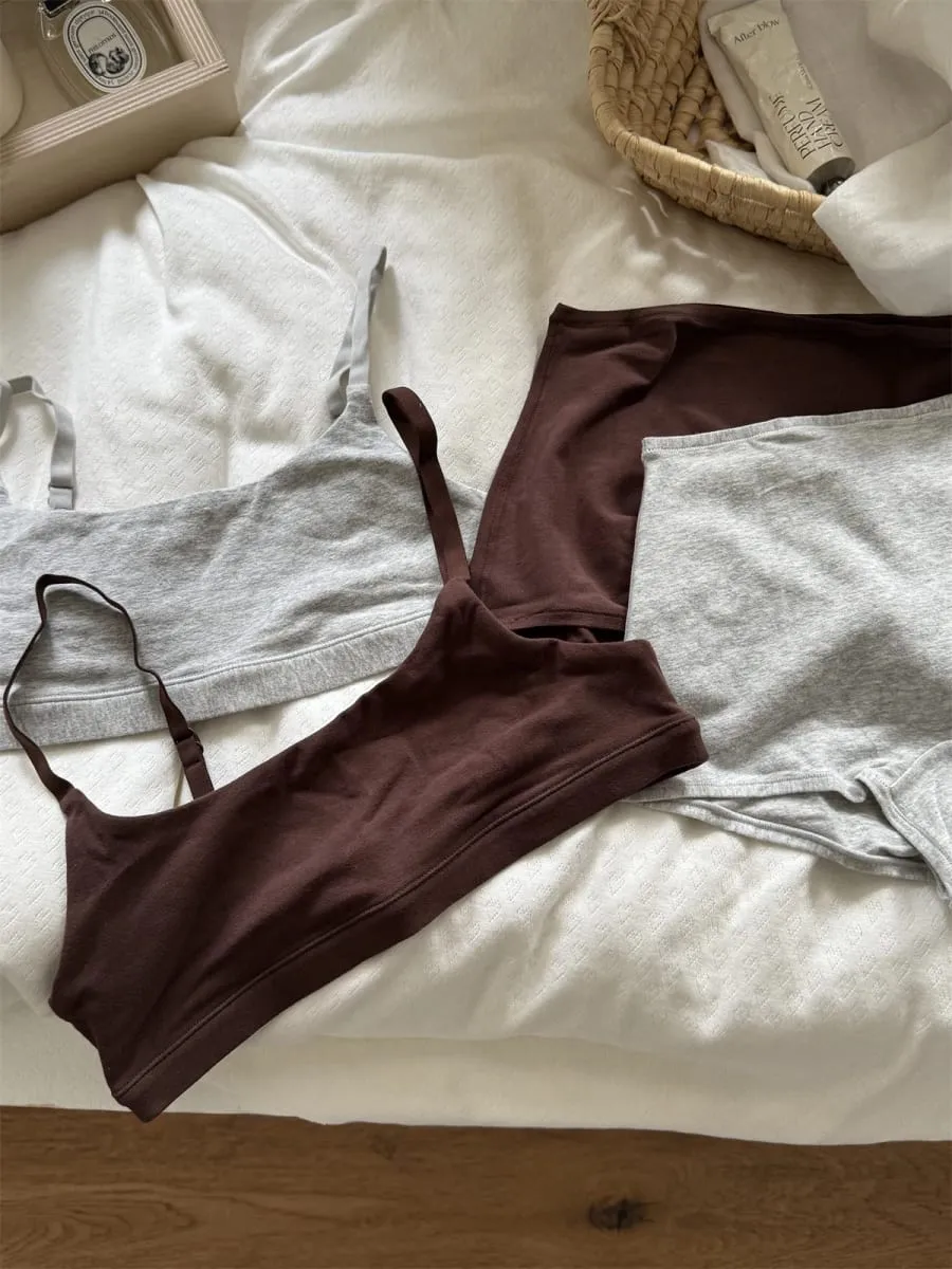 Vintage bomulls-sport-bh-set för kvinnor, sömlös behå med justerad rem+låg midja boxershorts Solida enkla underkläderset med hög elasticitet — image 4
