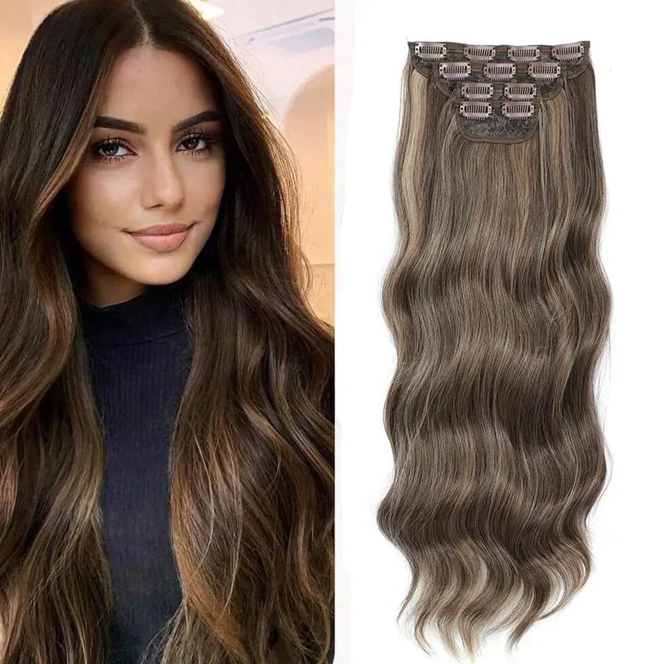 Ombre Clip Ins Synthetic Hair Extensions High Temperature Fiber Body Wave Brown 11 Clip Ins Daily Use Hair Piece Extensions — image 2