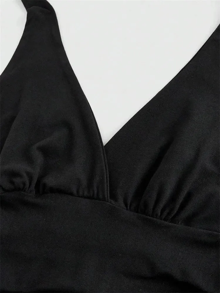 Top corto liso con cuello en V y espalda descubierta para mujer, Top corto con cuello Halter, Sexy Y2K, sin mangas, parte de arriba ropa informal fruncida — image 6