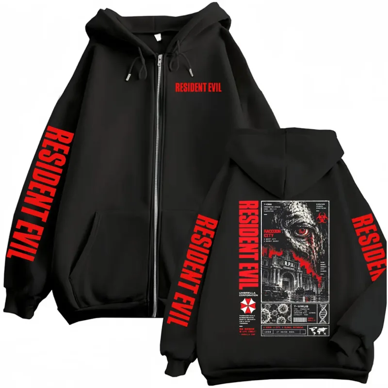 Vintage residente mal t-vírus horror jogos zip up hoodies homens mulheres harajuku gótico moda jaqueta camisolas casacos streetwear — image 1