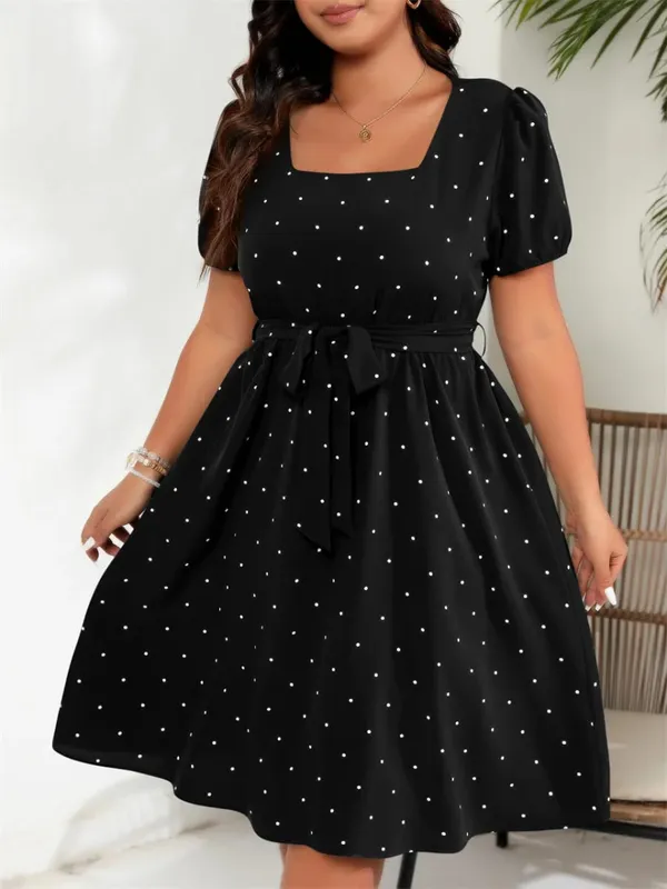 Vestido feminino plus size, gola quadrada, bolinhas, cinto, elegante, retrô, manga bufante, cintura alta, verão, linha a, vestidos grandes — image 6