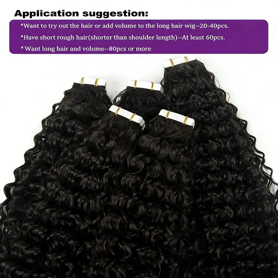 Curly Tape in Hair Extensions 100% Brazilian Human Hair Deep Wave Adhesive Tape in Extensions Human Hair Natural Black For Women — image 5