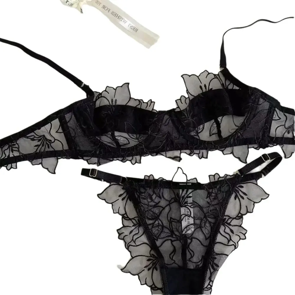 Sexy renda leve conjunto de sutiã macio underwire para elevador e suporte evita flacidez requintado bordado lingerie conjunto de duas peças — image 3