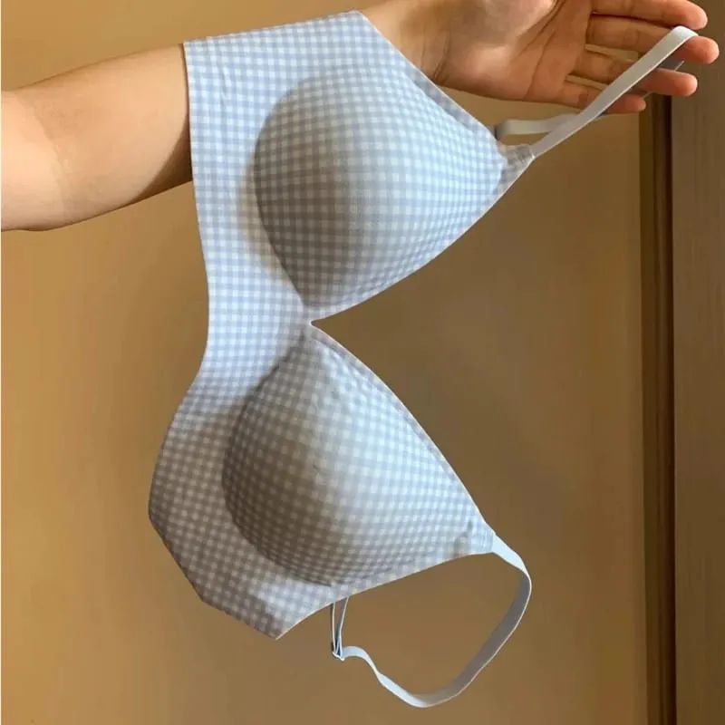Elegant Japanese Checkered Lingerie Set Small Chest Support Wirefree Anti-Sagging Pure Cotton Comfort Fit Bralette S-XL UK Hot S — image 3