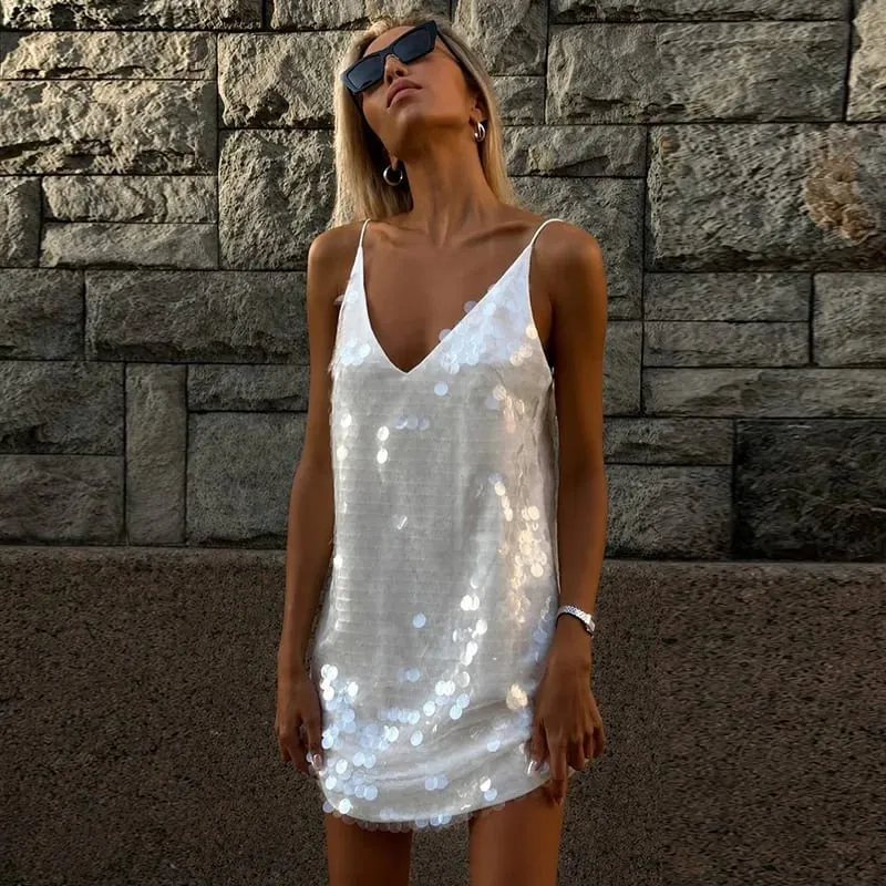 Sexy Sequined Women's Dress Sleeveless V-Neck Sling Loose Lady Mini Dresses 2026 Summer Autumn Chic Female Vacation Robe — image 7