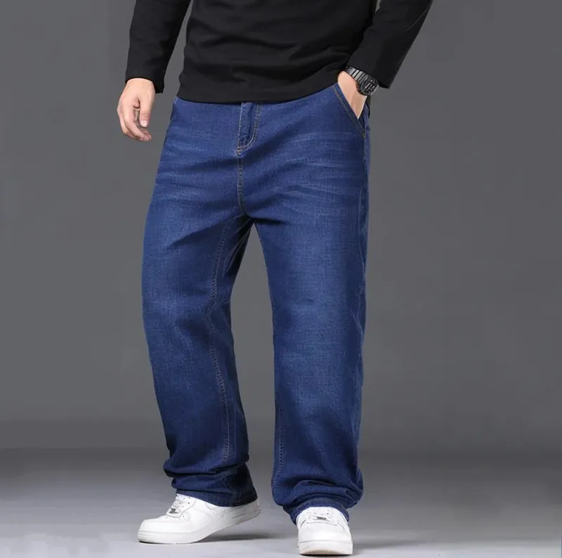29-50 Sizes Men's Stretch Jeans Straight Leg Denim Pants Extended Sizing Blue Black Streetwear Relaxed Fit For Work Casual New