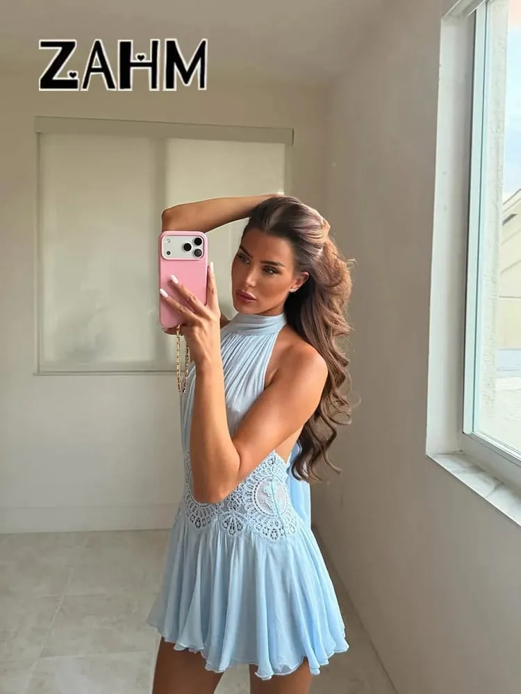 Sexy Hollow Out Solid Women Min Dress Beach Pleated Lace Up Backless Sleeveless Pambabae Dresses 2026 Summer Lady Robe Bago — image 2