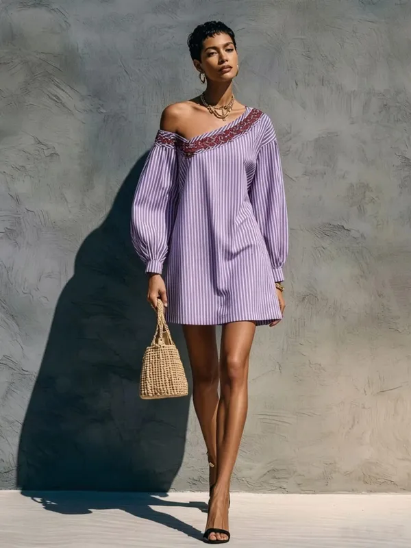 Loose Simple Dress With Stripes Fashionable Autumn Winter Street Style Long Sleeved Embroidered Shoulder Length Short Dresses — image 4