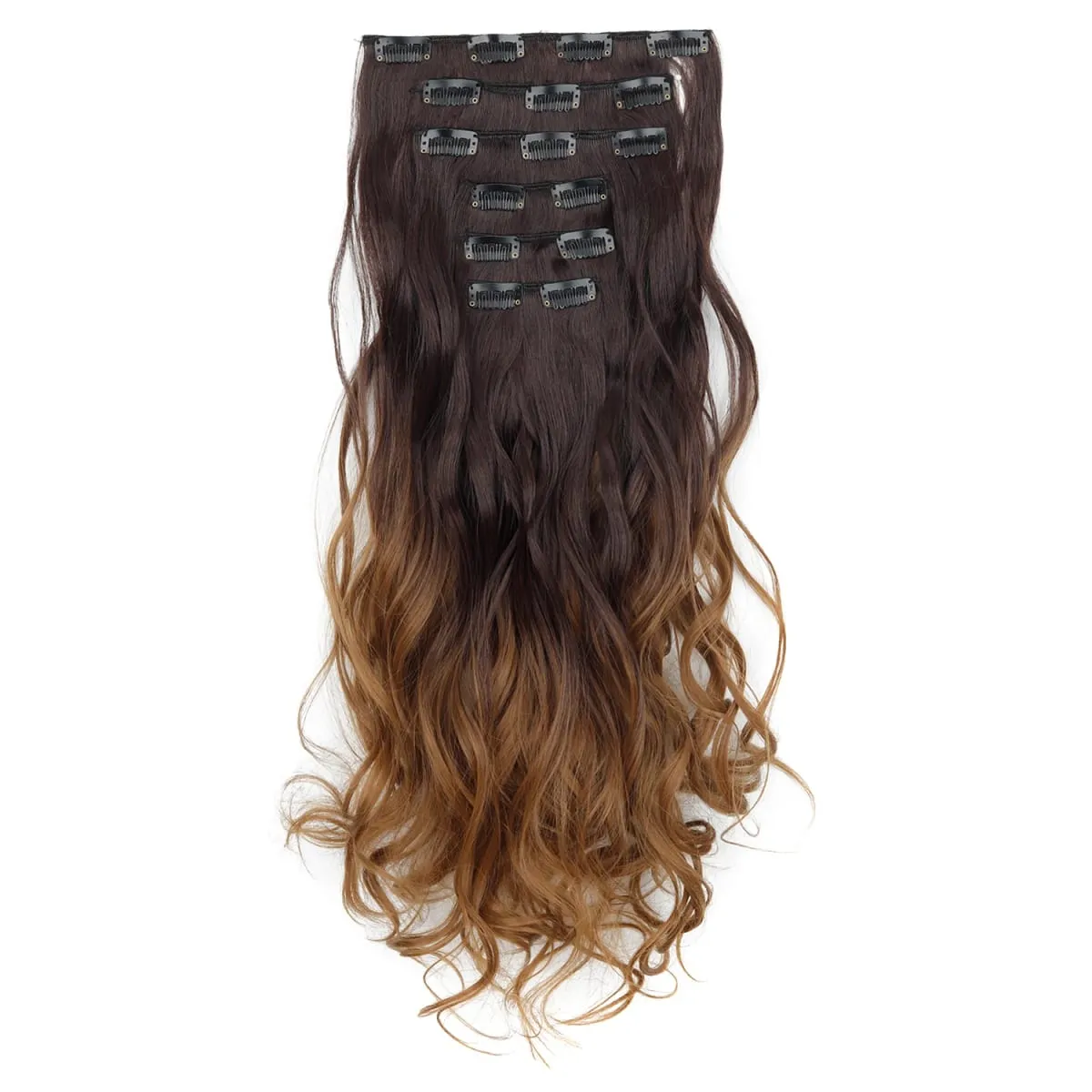 Grampo em extensões de cabelo 6 pçs peruca 20 Polegada longo ondulado sintético grosso trama dupla cabelo para mulheres cor gradiente uso diário — image 1