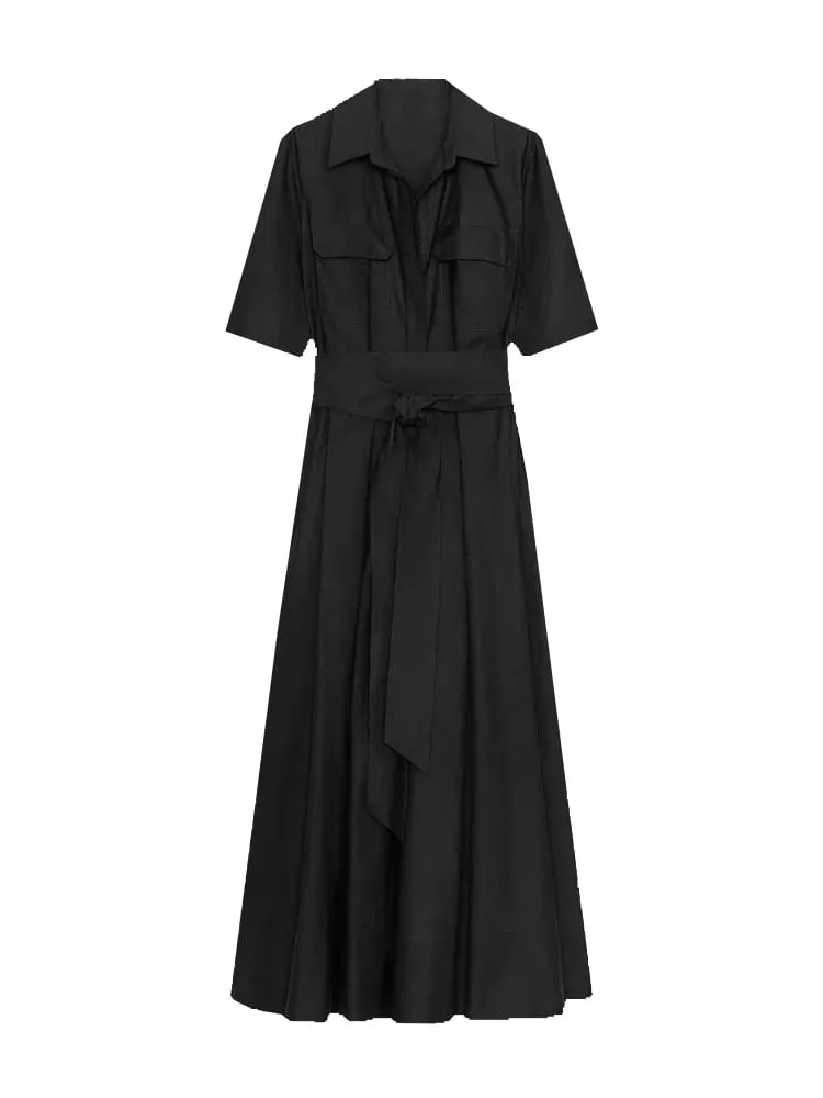 Elegant Maikling Manggas Lapel Midi Dress Para sa Babae Chic Solid Single Breasted Waist Long Dress Lady Holiday Evening Party Vestidos — image 6