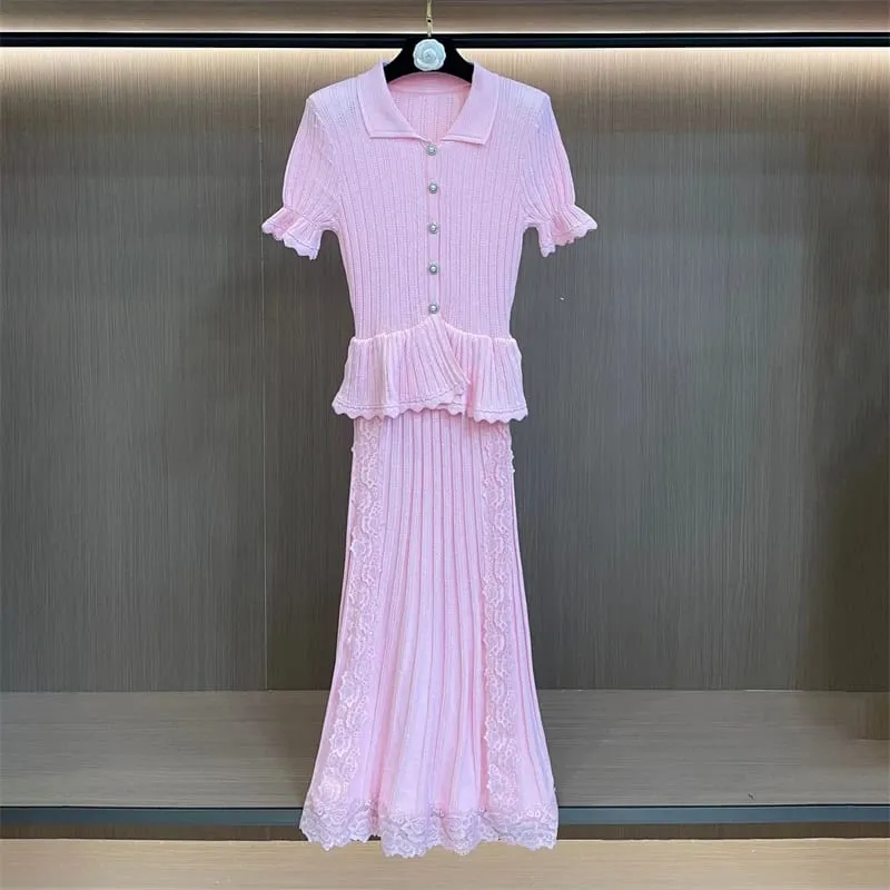 New Summer Women's Lace-Trimmed Short-Sleeve Knitted DressY2K High-Quality Fashionable Casual Faux Two-Piece Fishtail Maxi Dress