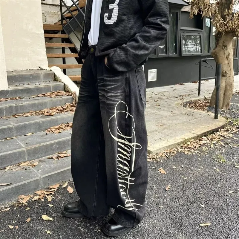Autumn Men's Letter Printed Straight-Leg Baggy Jeans Hip Hop Fashion Washed Denim Pantalones American Retro Y2K Streetwear Jean — image 5