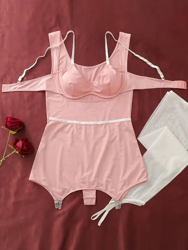 Belamimi Women 4Pcs Pink Sexy Lingerie Set Body Shaping Cami Jumpsuit Thigh High Stockings Club Mesh Sleepwear Party Costume