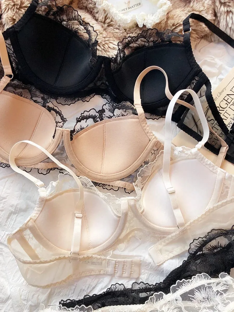 Sexy Women Underwear Set Lace Flowers Embroidery Push Up Bra Set French Thin Cup Comfort Breathable Lingerie Ladies Intimates