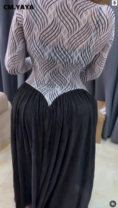 CM.YAYA Women V-neck Long Sleeve Big Swing Striped Print Long Dress 2026 Sexy Parties Evening Vacation Long Dresses Vestidos — image 5