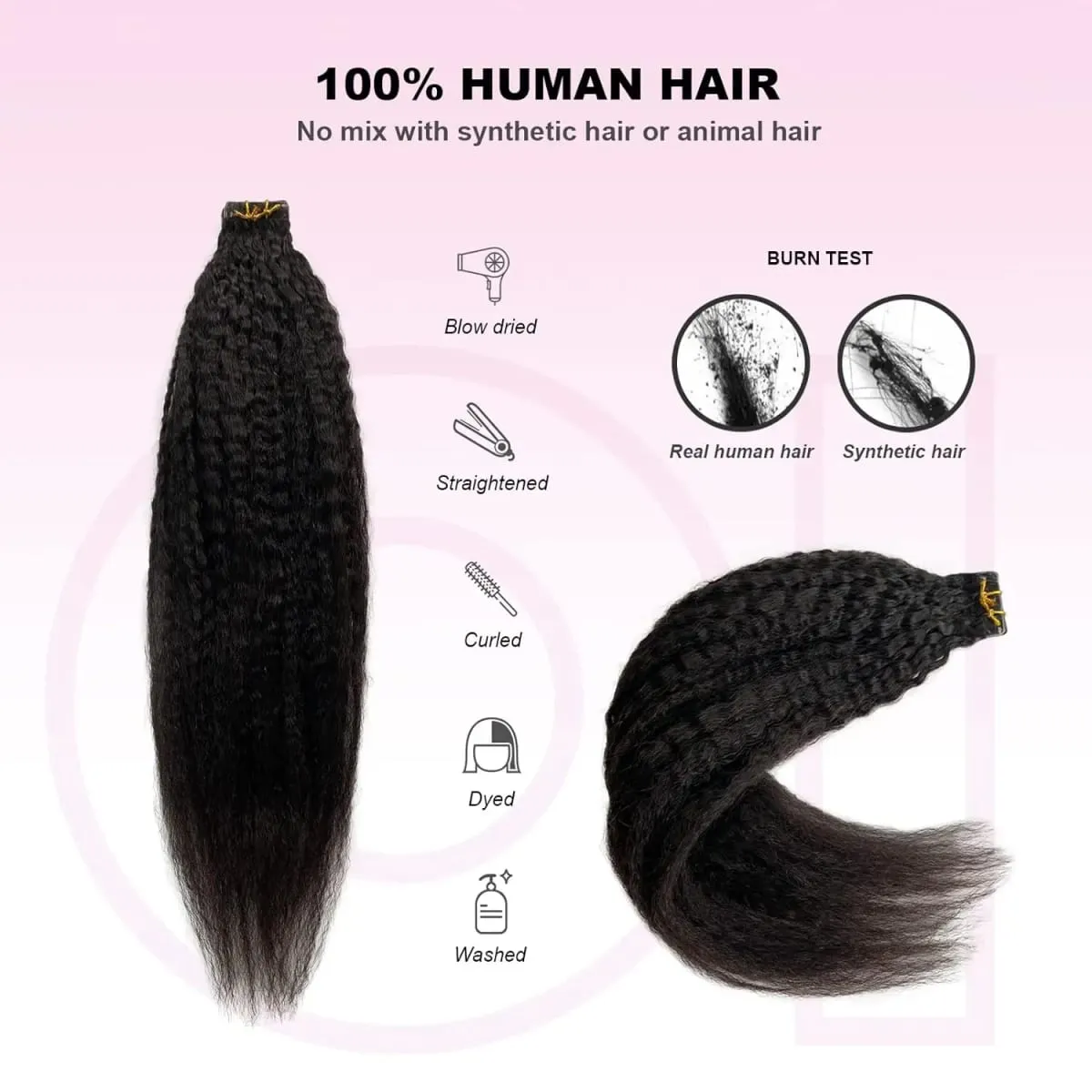 24 26 Inch Kinky Straight Tape In Extensions Brazilian 100% Human Hair 50G/20Pcs Natural Black Seamless Full Head Yaki Tape ins — image 2