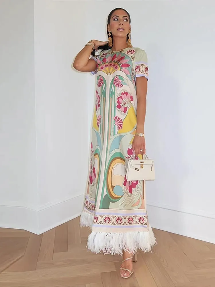 Women Art Floral Print Feather Hem Maxi Dress Short Sleeve Crew Neck Loose Fit Dresses 2026 Summer Fashion Elegant Lady Outwear — image 2