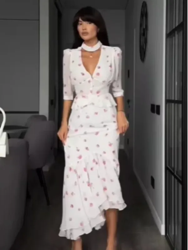 White Pink Floral Choker Neck Dress Women Elegant V-neck 3/4 Sleeves Peplum Ruffle Hem Long Dresses 2026 Lady Daily Vestidos New — image 10