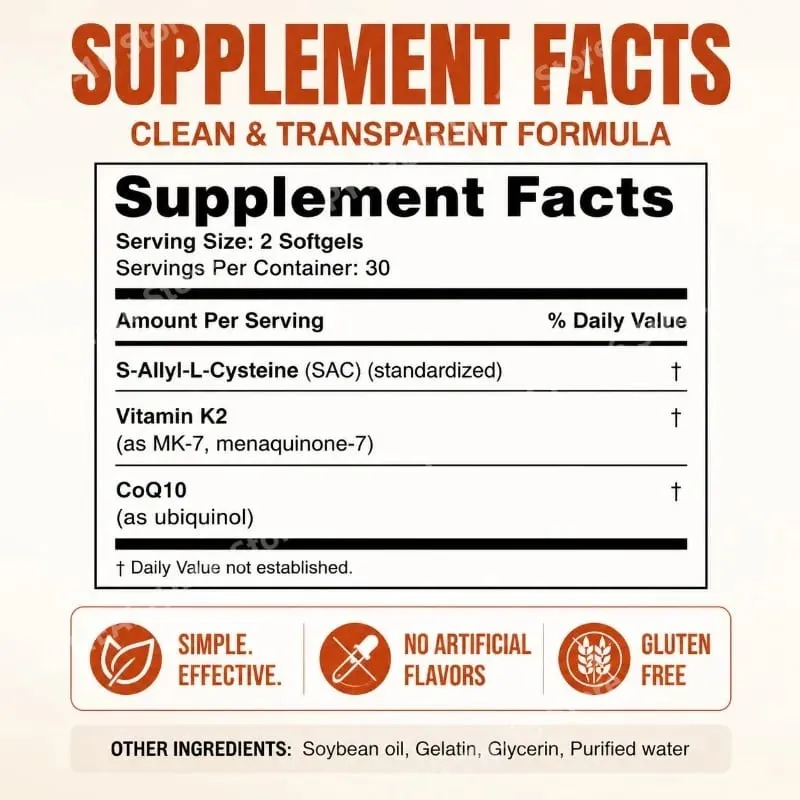 Aged Odorless Garlic Softgels with CoQ10 Ubiquinol & K2 Blood Pressure Heart & Circulation Support Cholesterol 60 Softgels — image 2